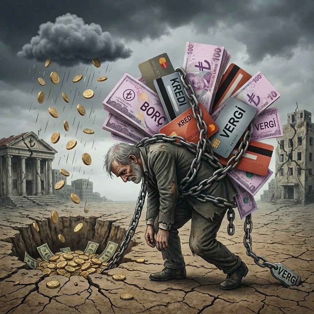 Man carrying heavy debt load with labels BORÇ, KREDI, and VERGI towards a money pit.