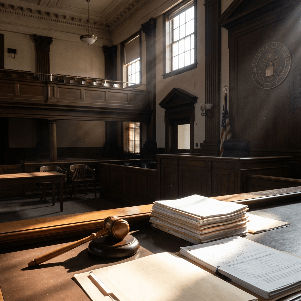 A judge's gavel and stacks of documents on a desk in an empty, sunlit courtroom.