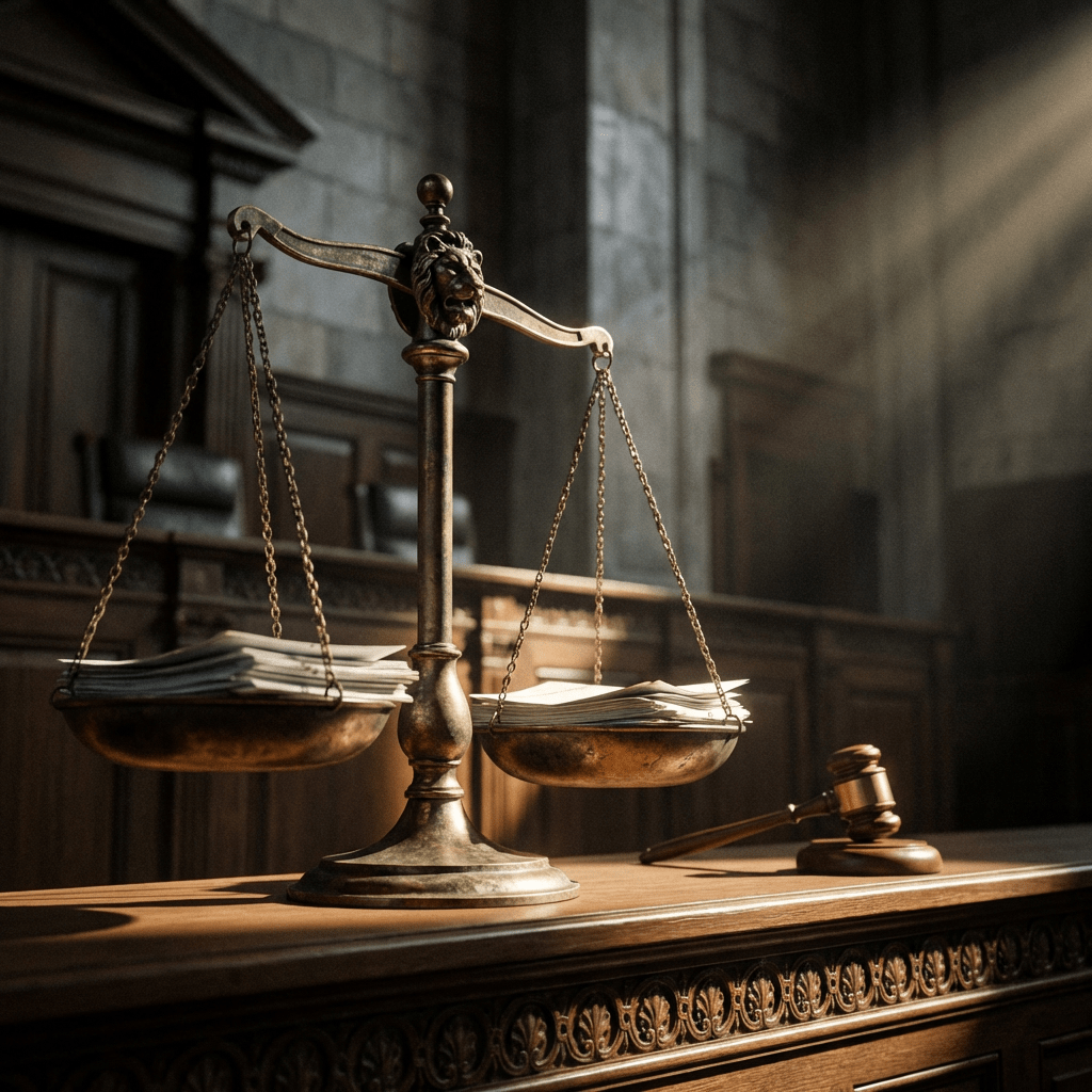Bronze scales of justice and a wooden gavel on a judge's bench in a courtroom.