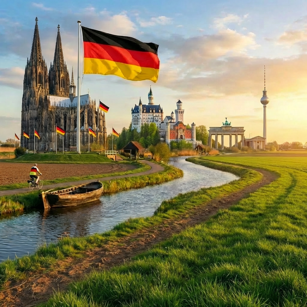 Belgian flag waving over the Belfry of Bruges and colorful tulip fields by a canal.