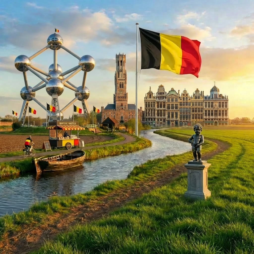 Iconic Belgian landmarks and tulip fields Belgian flag waving over the Belfry of Bruges and colorful tulip fields by a canal.