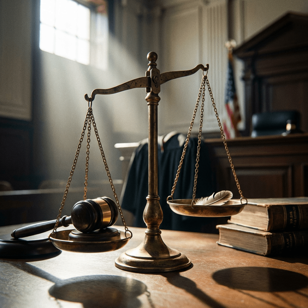 Brass scales in a courtroom balancing a wooden gavel against a small feather.