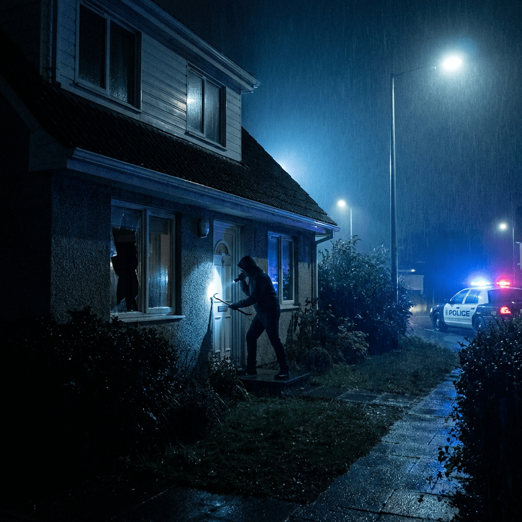 A person in a dark hoodie using a crowbar to break into a house at night during rain.