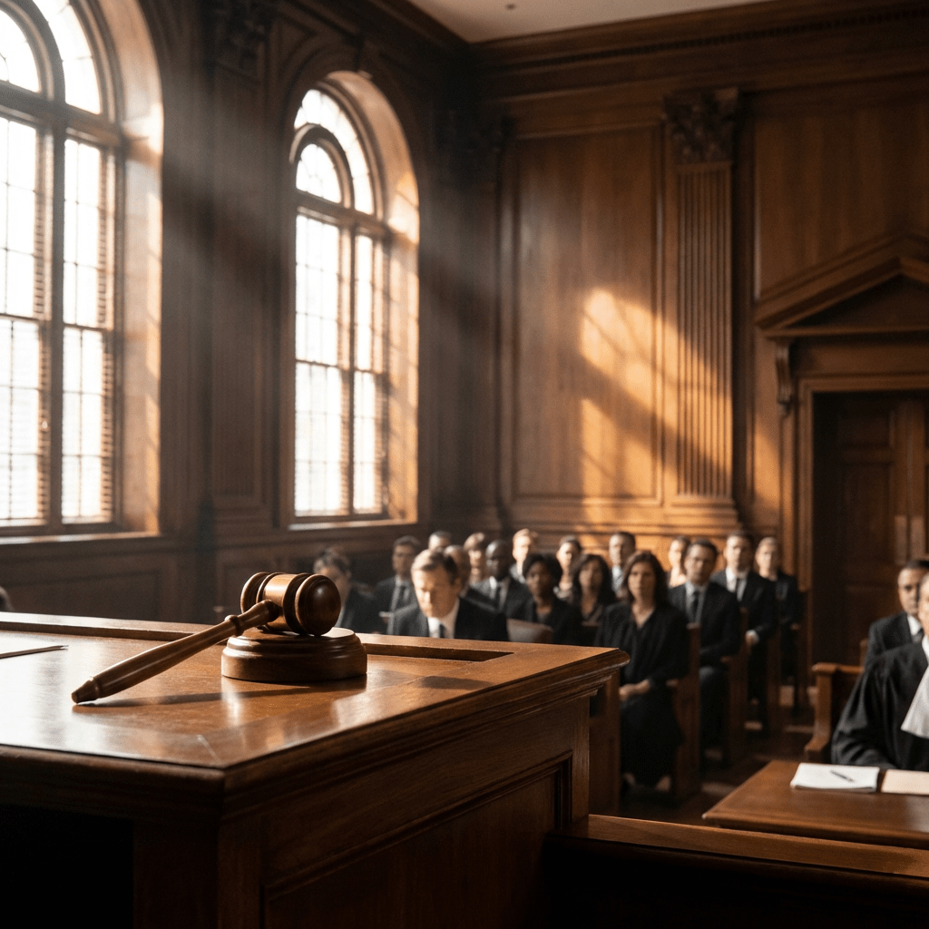 A wooden gavel on a judge's bench in a courtroom with dramatic streaming sunlight.