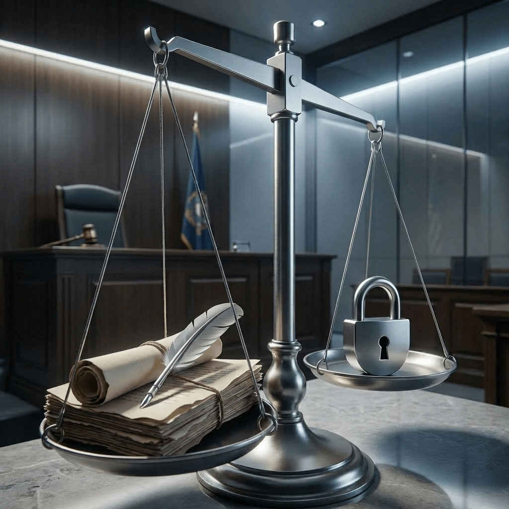 Antique brass scales balancing a stack of parchment and a padlock.