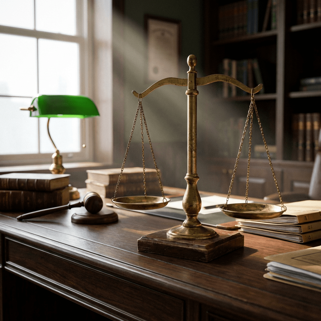 Brass scales of justice on a wooden desk with a gavel and law books.