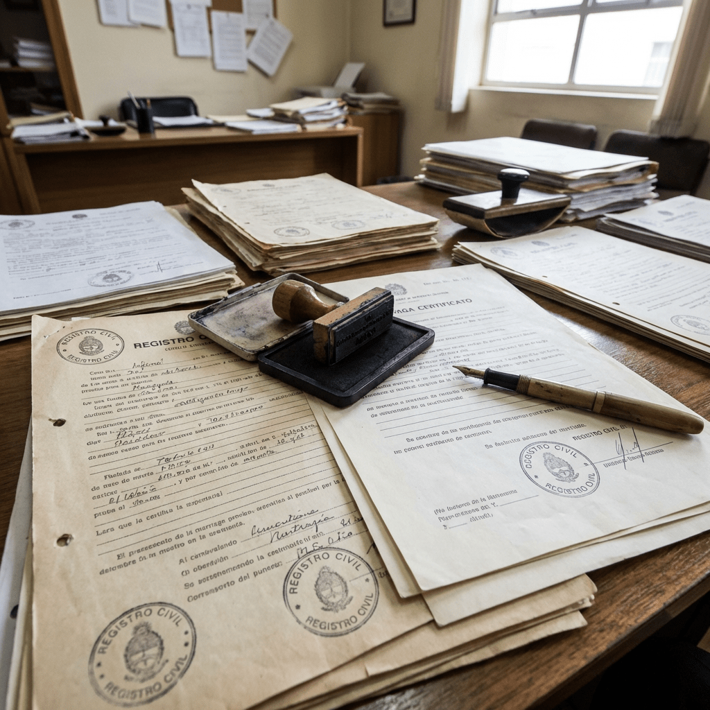 Stacks of official civil registry documents, a fountain pen, and rubber stamps on a wooden desk.