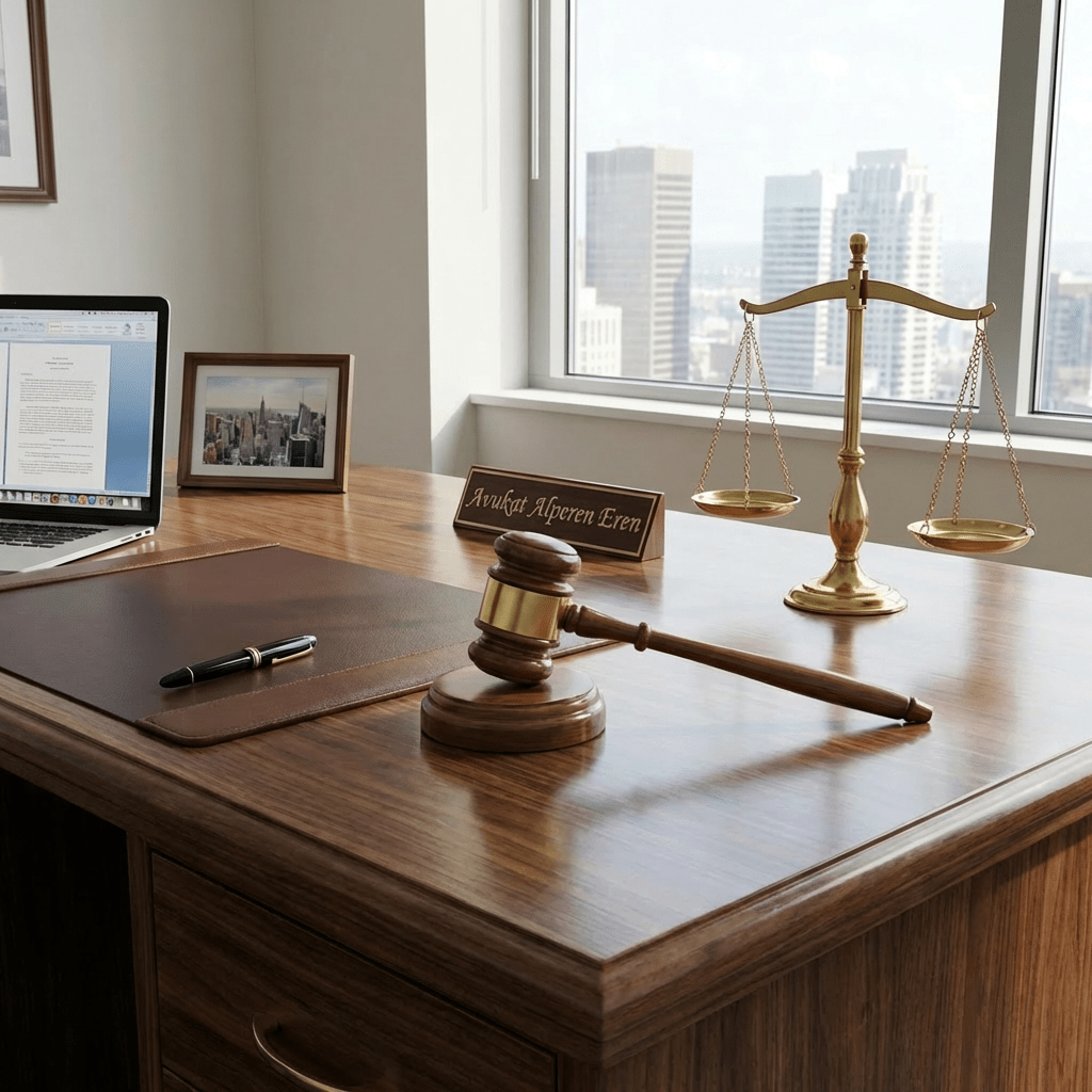 Wooden gavel, golden scales of justice, and a nameplate reading 'AVERY & ASSOCIATES — ATTORNEYS AT LAW —' on a desk.