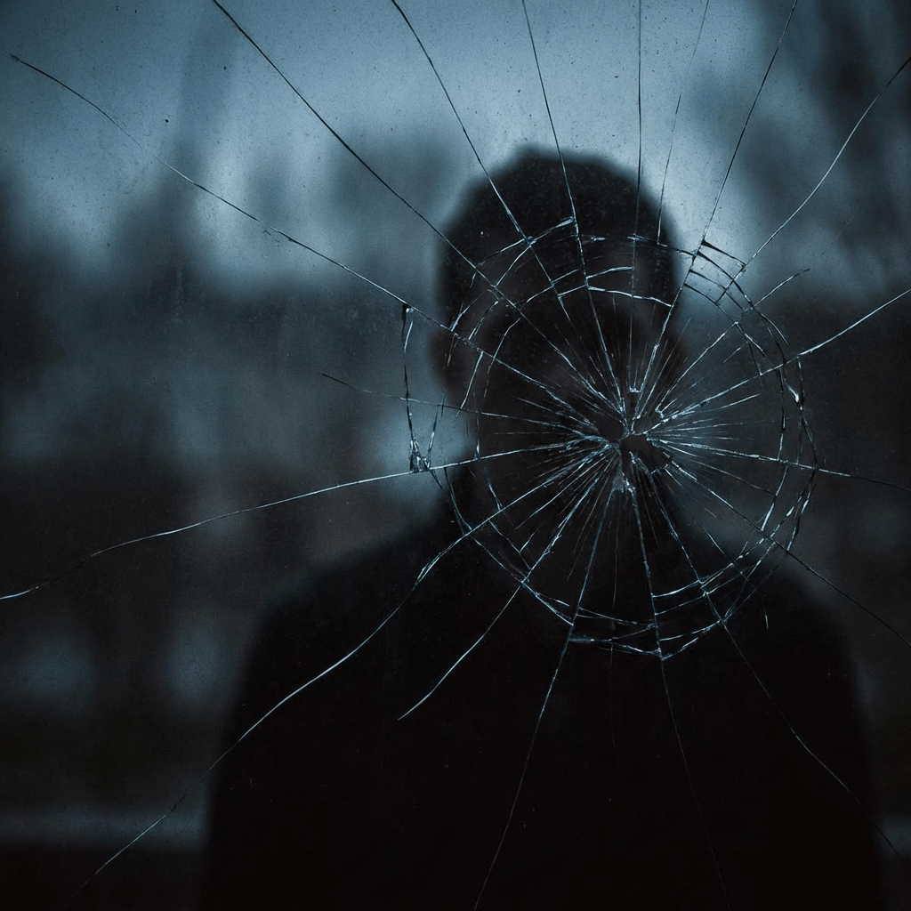 A blurry dark silhouette visible through a heavily cracked and shattered pane of glass.