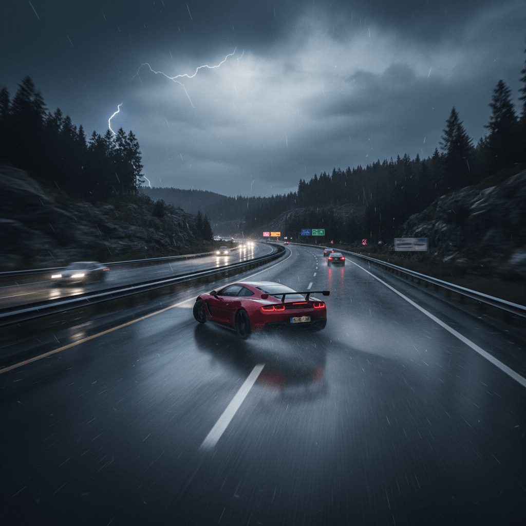 Red sports car driving on a wet highway during a thunderstorm with lightning.