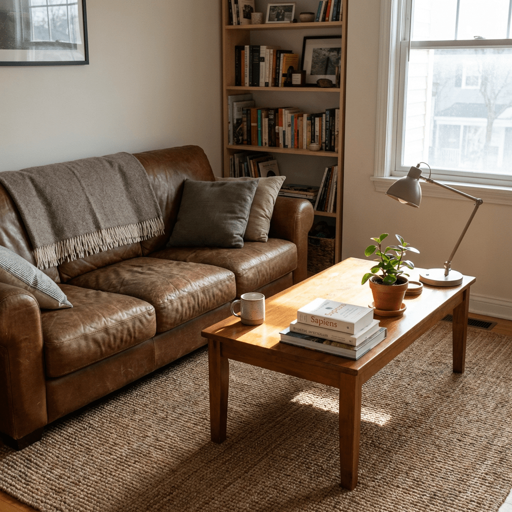A cozy living room featuring a leather sofa, wooden coffee table with books, and a bookshelf.