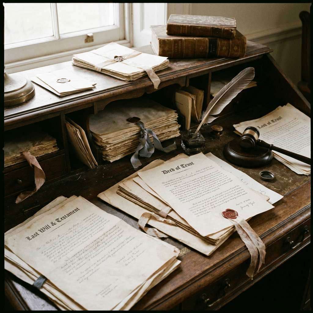 Vintage wooden desk with stacks of aged legal papers, a gavel, and a quill pen.
