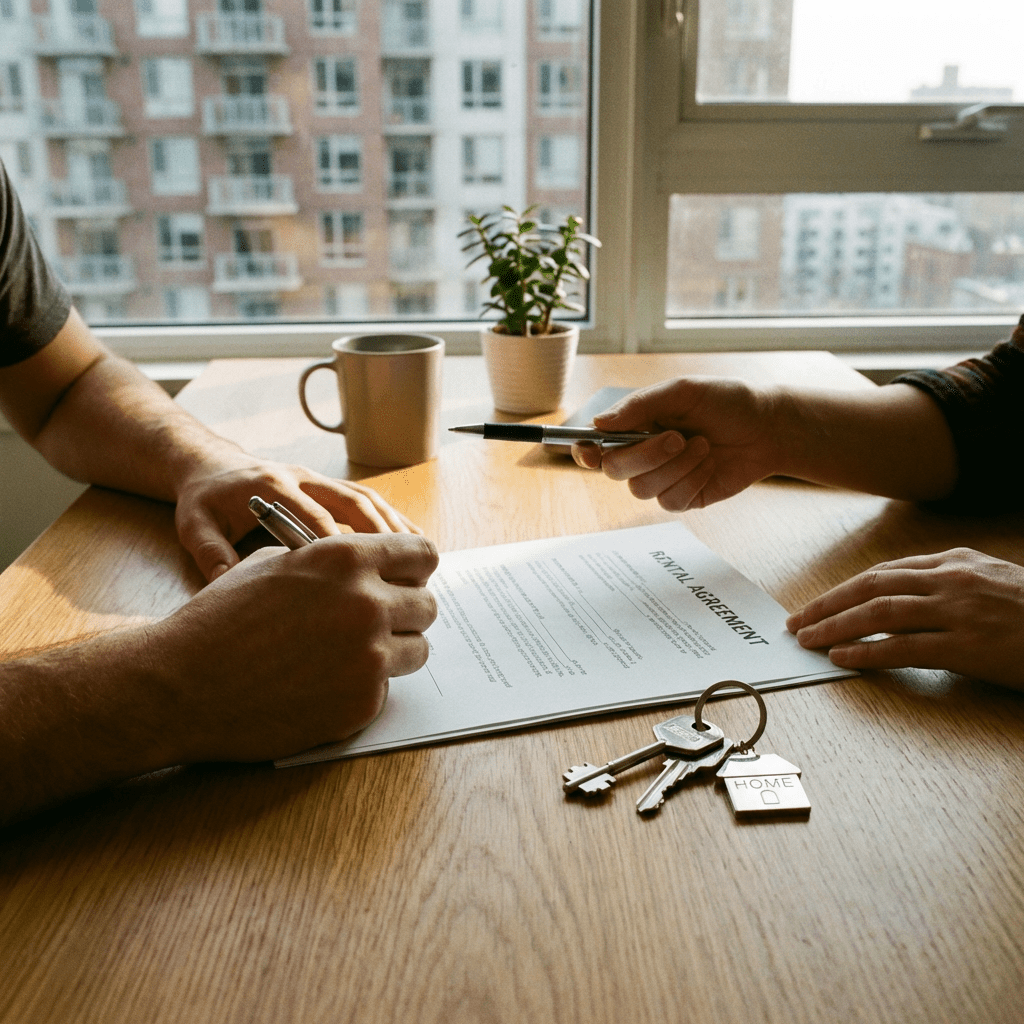 Hands signing a document titled Rental Agreement on a wooden table with house keys.