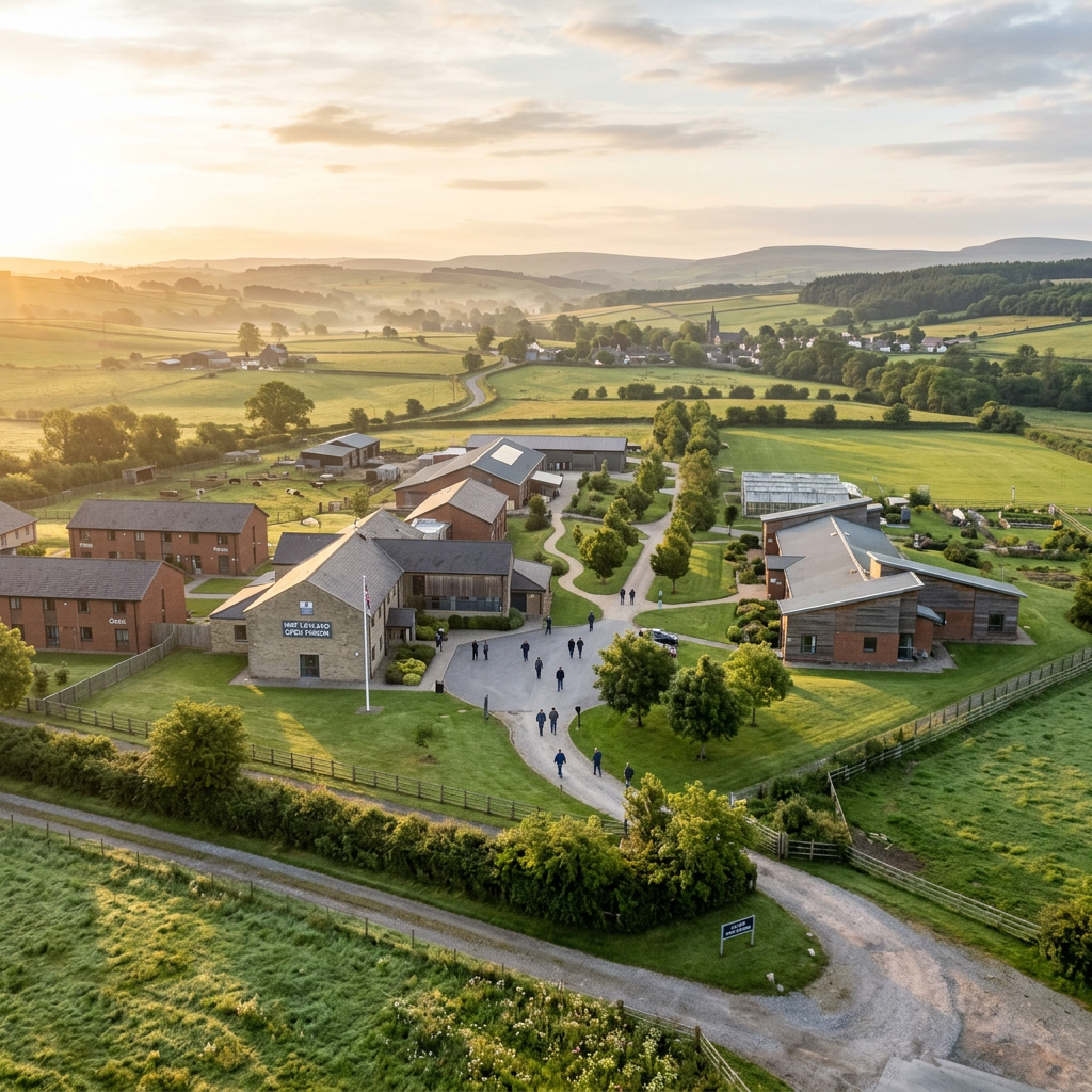 Aerial view of an open prison with multiple buildings and green fields at sunrise