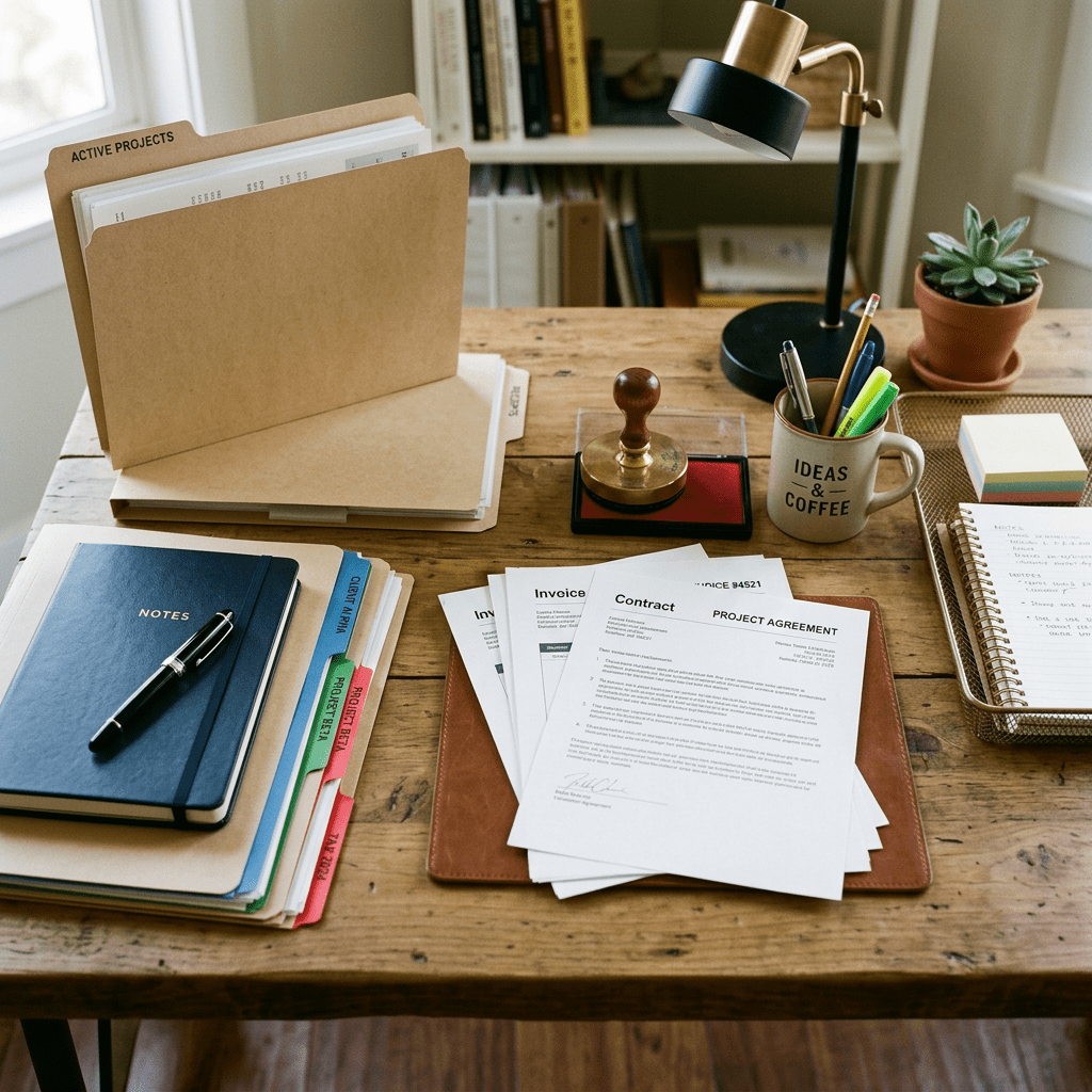 Desk with contract sheets, file folders, notes, pen holder, and desk lamp