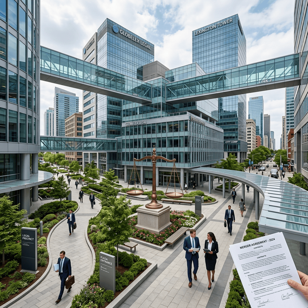 Legal office complex with skybridges, scales of justice, and a merger agreement dated 2024