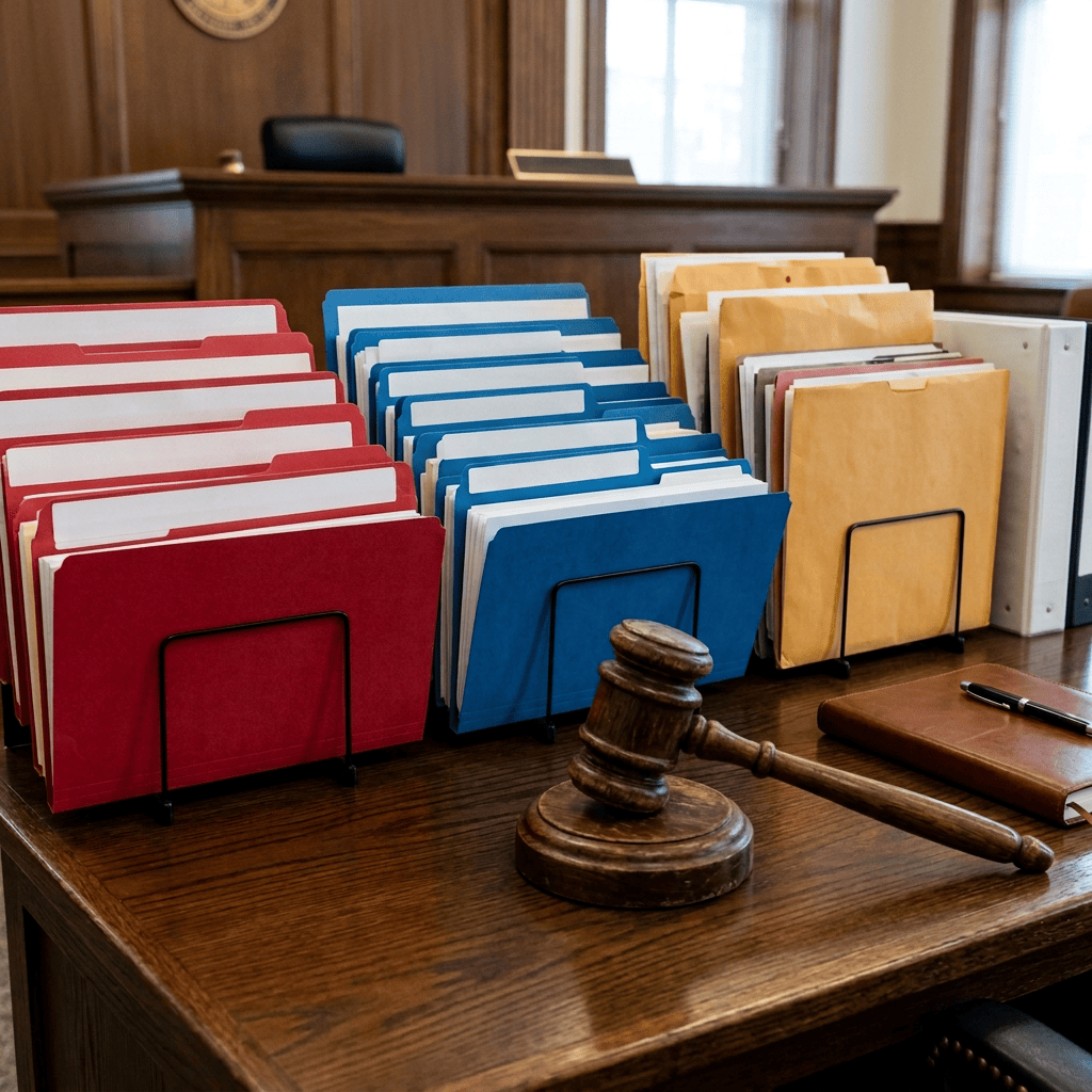 Courtroom desk with gavel, confidential case files, exhibits, witness depositions, police transcripts, and evidence folders.