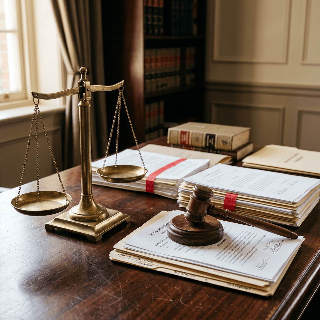 Brass balance scale, wooden gavel, and legal documents on desk