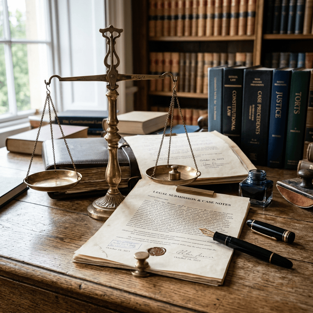 Brass balance scale beside legal books and signed case notes