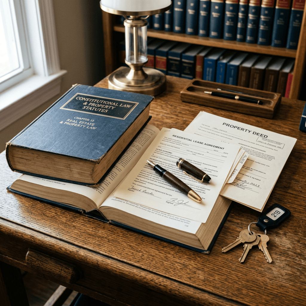 Property law book, lease agreement, deed, pen, and keys on desk
