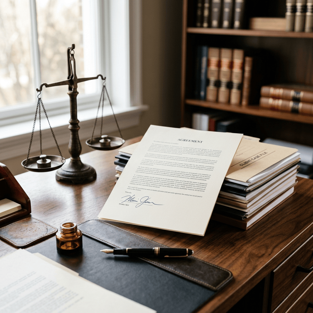 Signed agreement beside legal scales, law books, and fountain pen