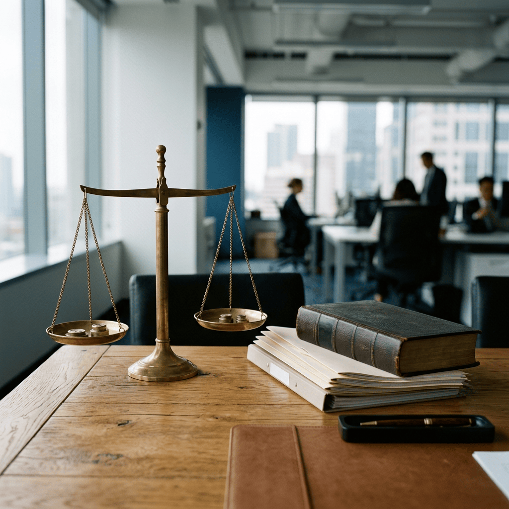 Brass balance scale beside law books on an office desk