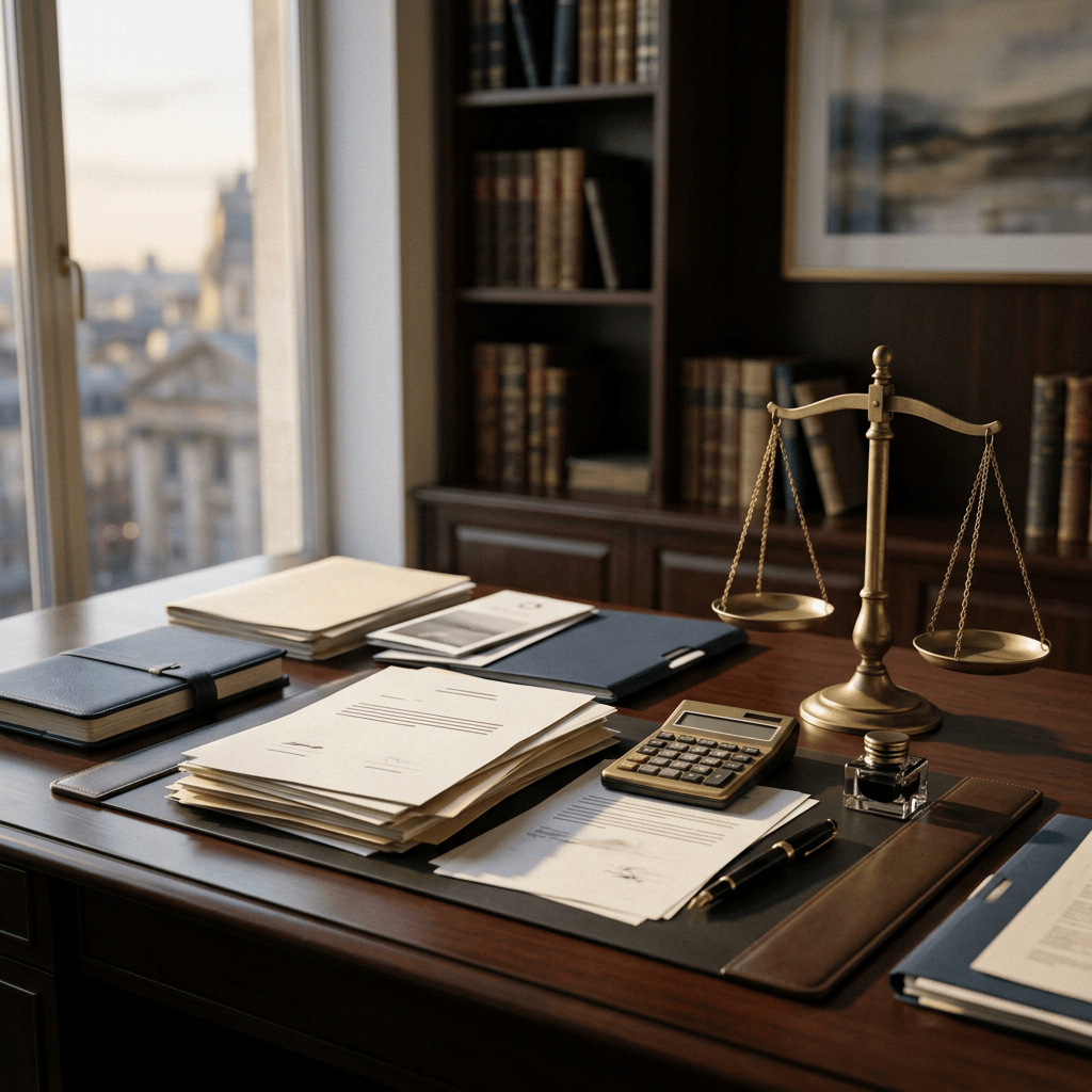 Legal office desk with documents, law books, calculator, and scales