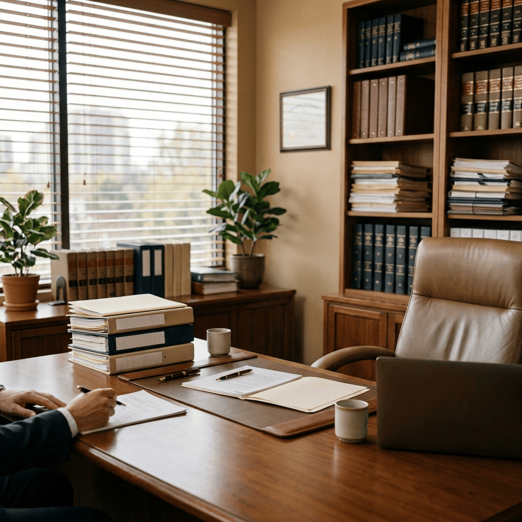 Two professionals reviewing documents at an office desk with legal files