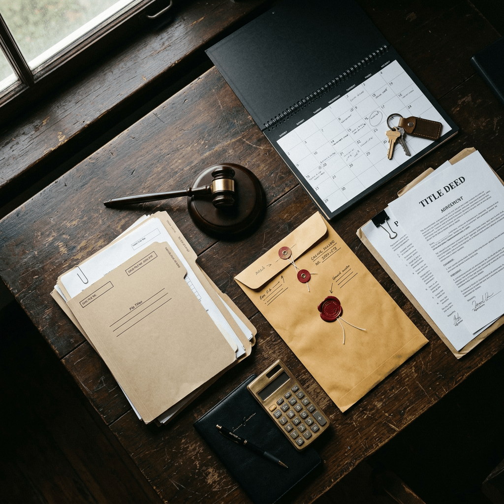 Real estate documents, keys, gavel, sealed envelope, calculator, and calendar on a desk
