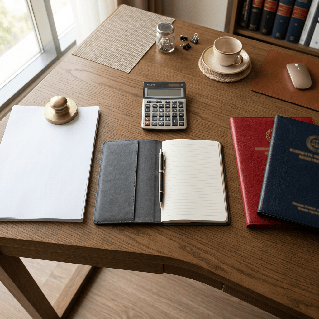 Organized wooden desk with notebook, calculator, coffee, papers, and passports