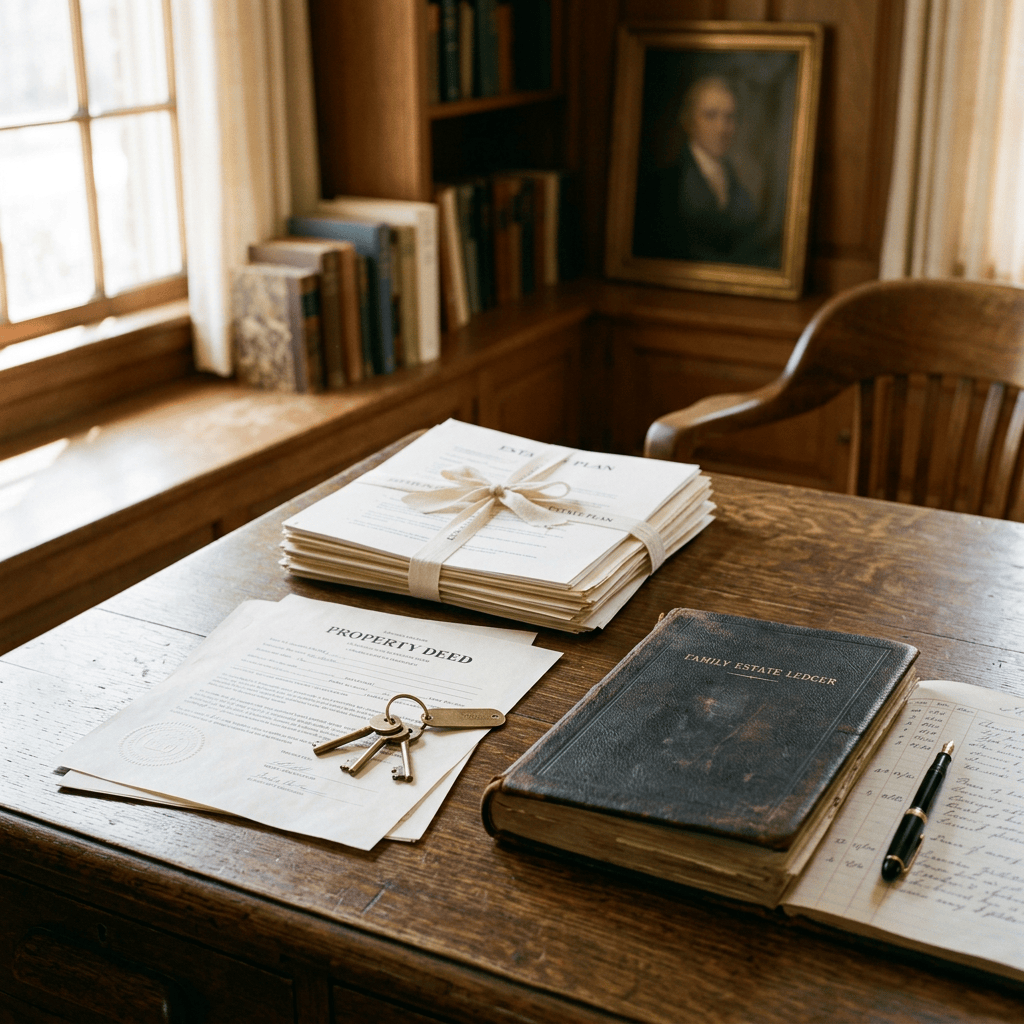 Property deed, keys, estate ledger, pen, and tied documents on desk