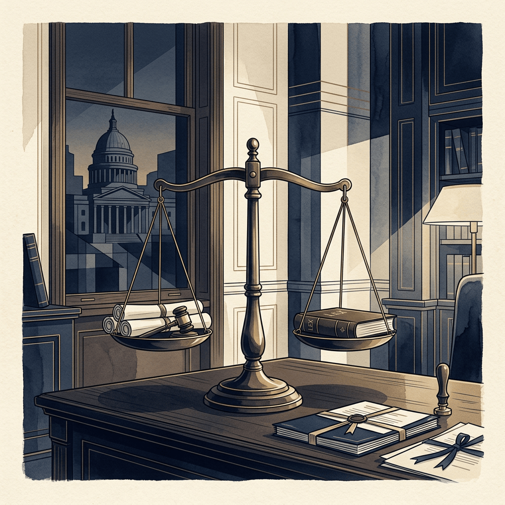 Balanced justice scale with legal books and documents before a domed government building