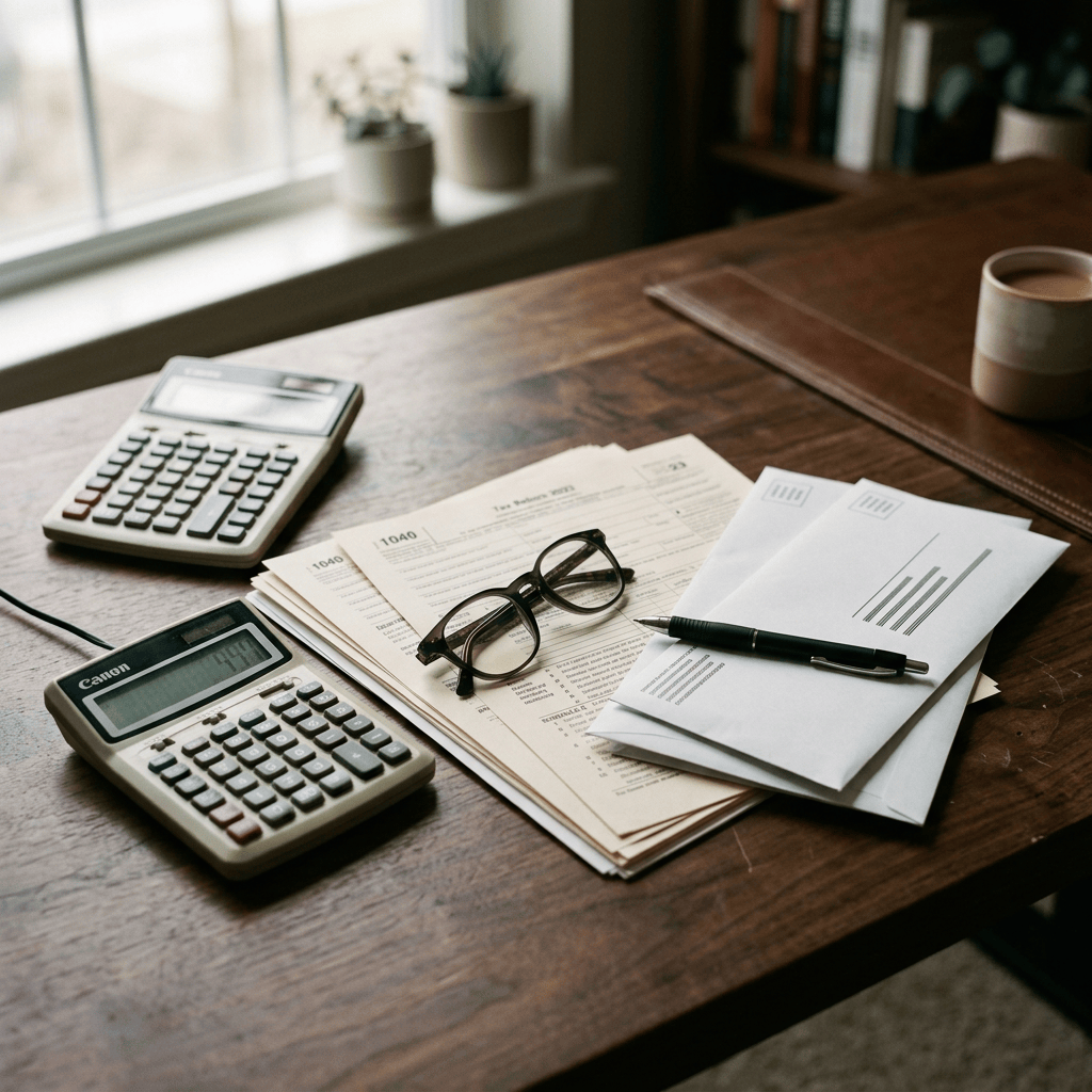 Tax forms labeled 1040 and Tax Return 2023 with calculators, glasses, and pen