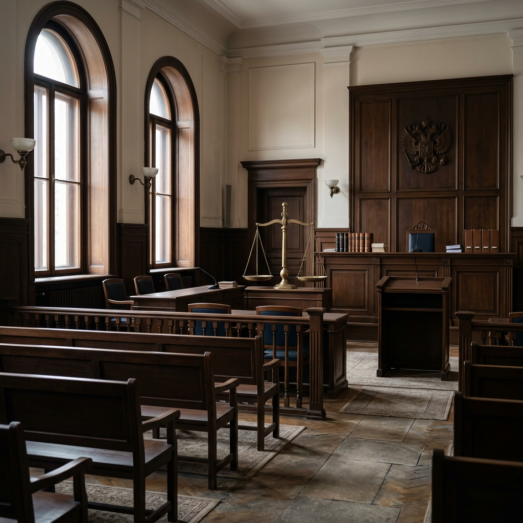 Empty wood-paneled courtroom with scales of justice and national emblem