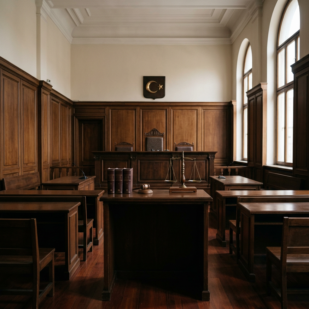 Empty wood-paneled courtroom with judge’s bench, law books, gavel, and scales of justice