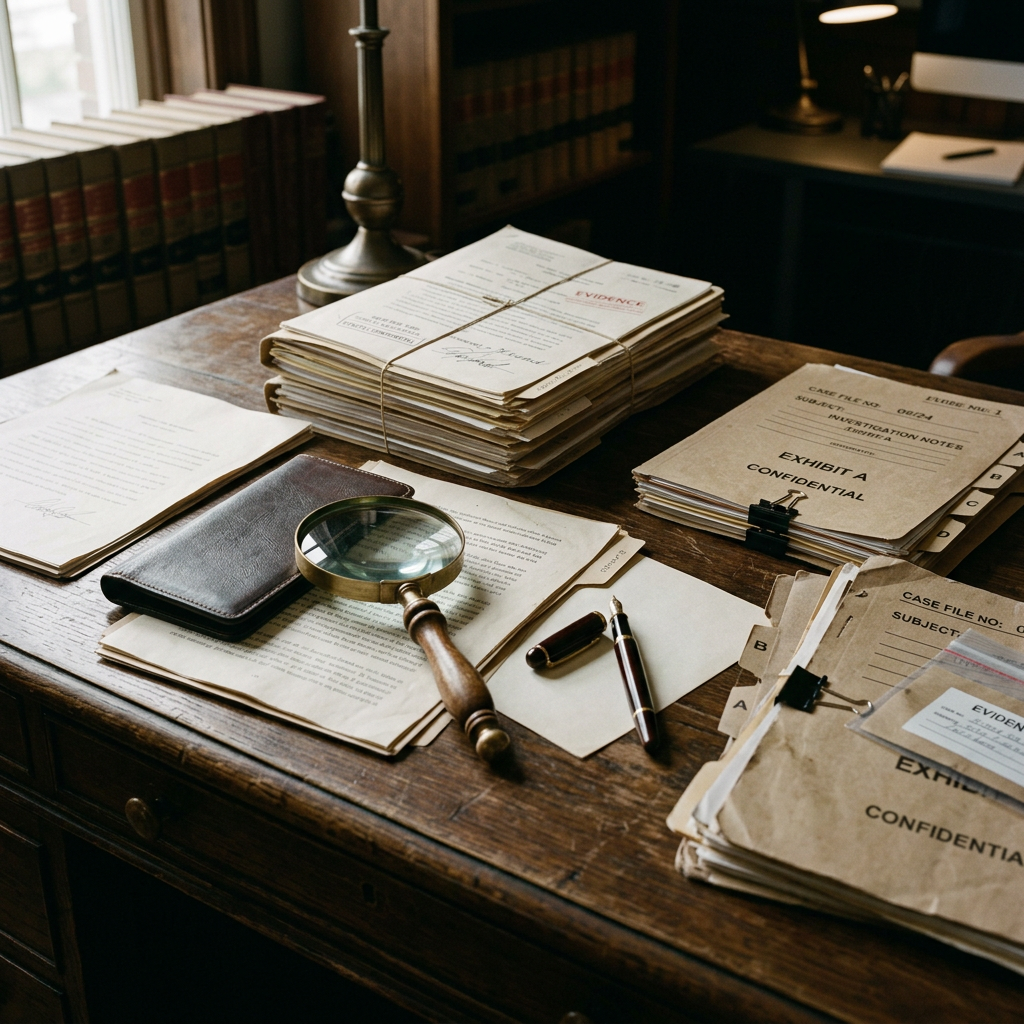 Confidential evidence files labeled EXHIBIT 4, case file notes, magnifying glass, and pen