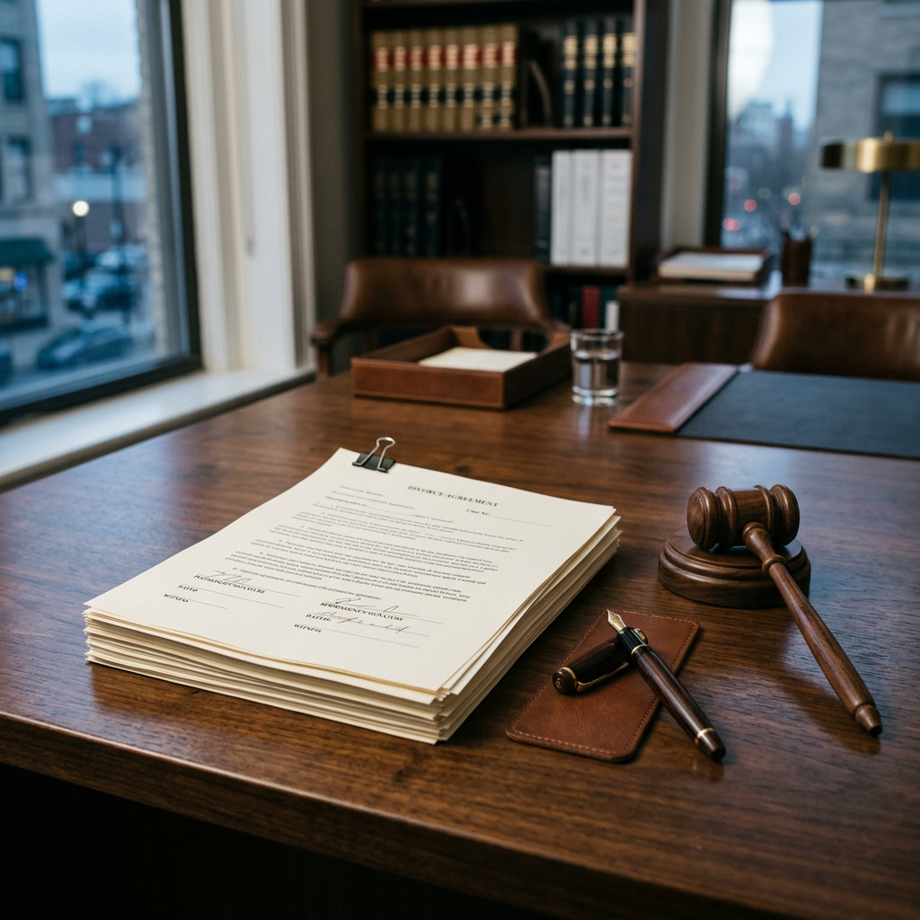 Divorce agreement documents with pen and gavel