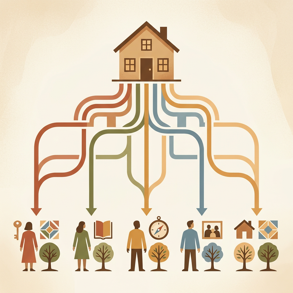 House with branching pathways connecting people, trees, and support symbols