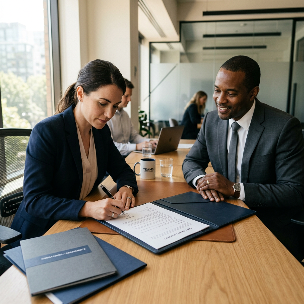 Two colleagues reviewing and signing a contract; folders labeled "ONBOARDING / AGREEMENTS" and mug labeled "TEAMS"
