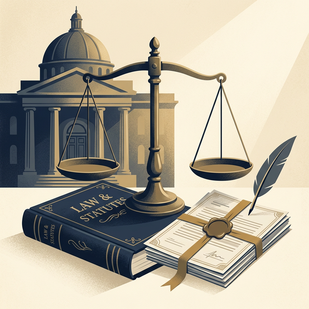 Scales of justice before a courthouse with law books and legal documents