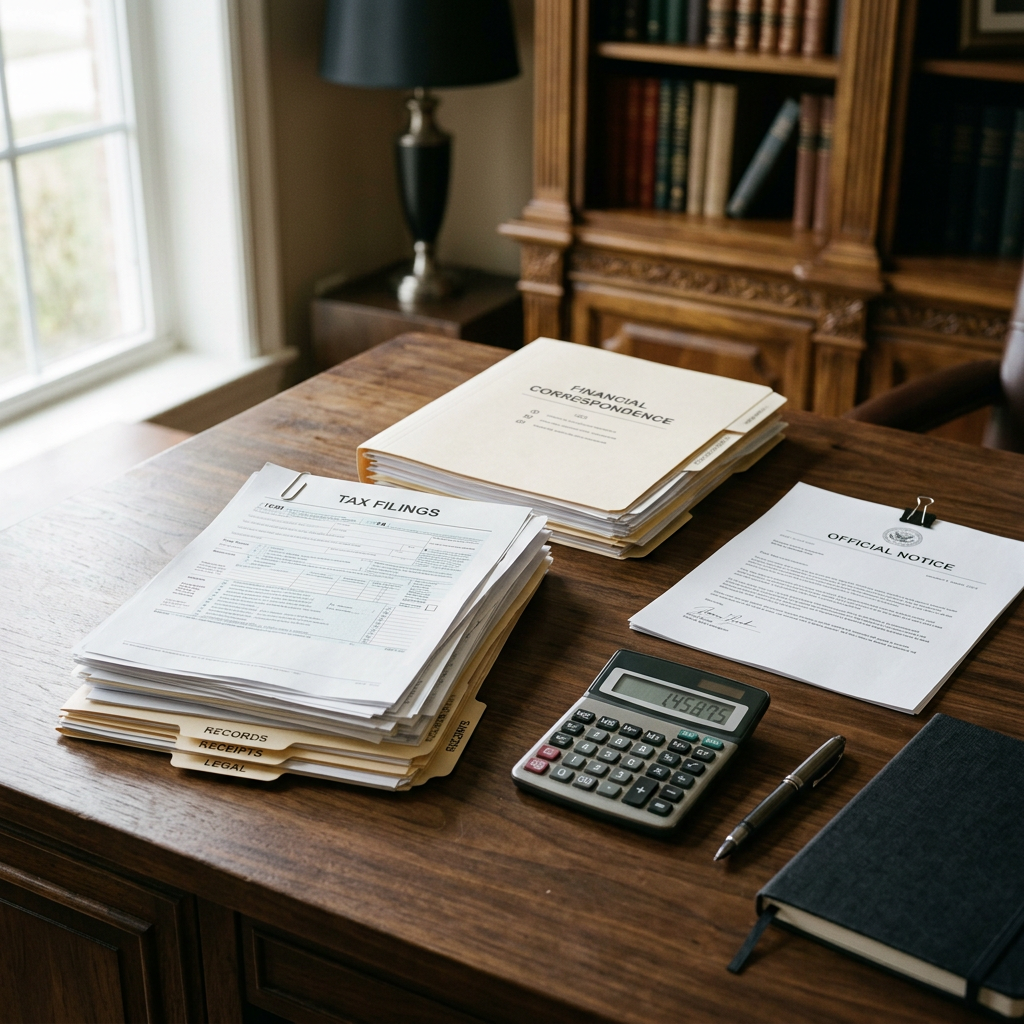 Tax filings, financial correspondence, official notice, calculator, pen, and notebook on desk