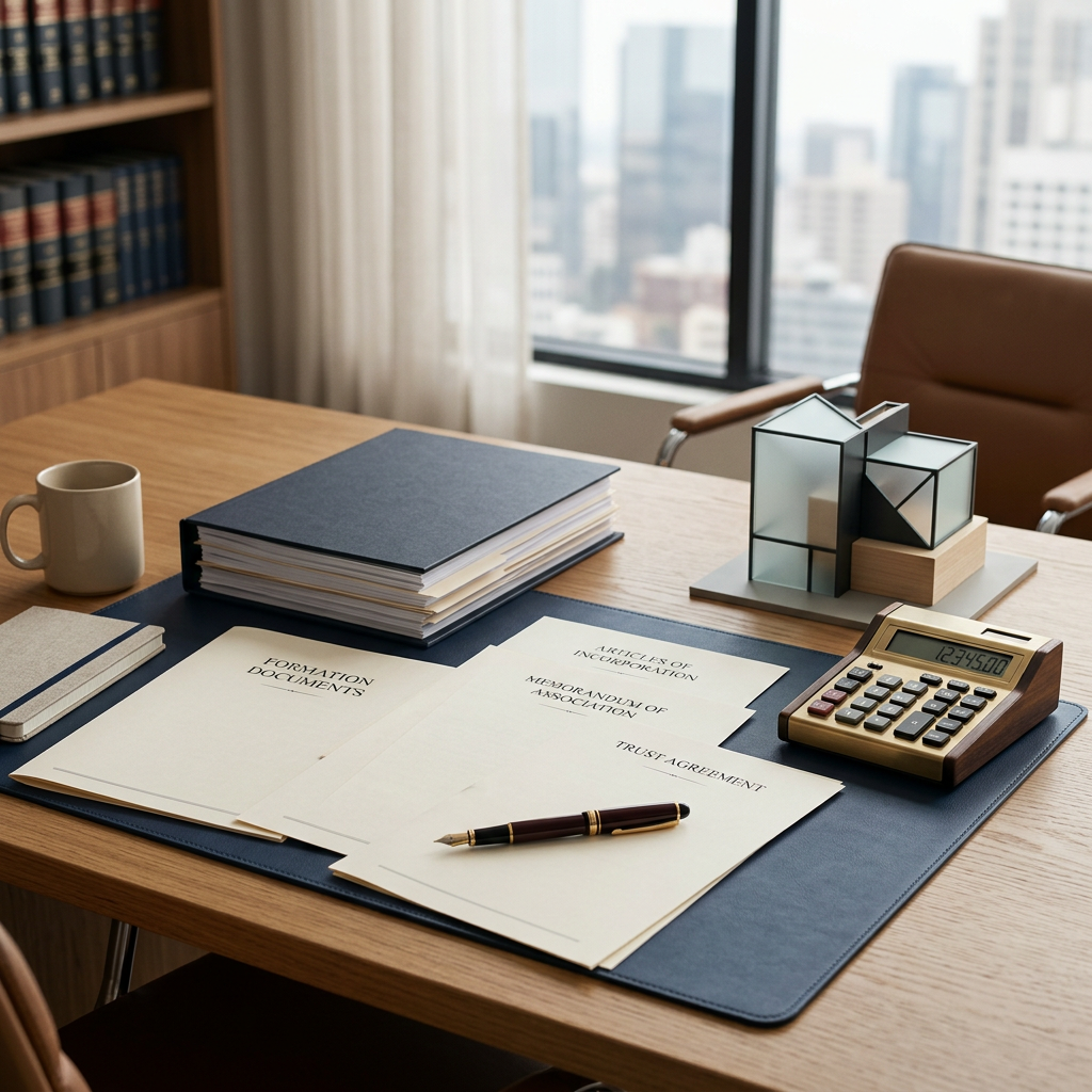 Corporate documents labeled formation documents, articles of incorporation, memorandum of association, and trust agreement