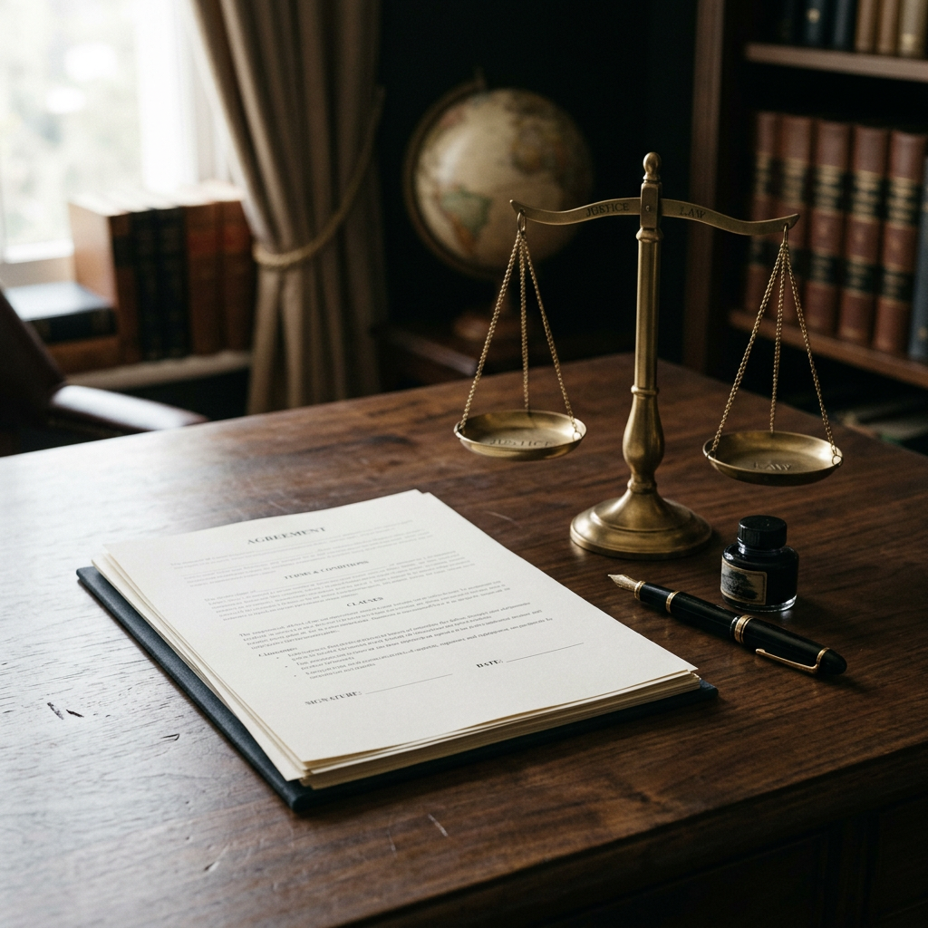 Agreement document labeled “Agreement” with scales, pen, ink, and law books
