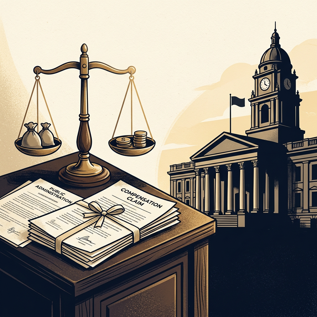 Scales of justice, money bags, coins, government building, and documents labeled Public Administration and Compensation Claims