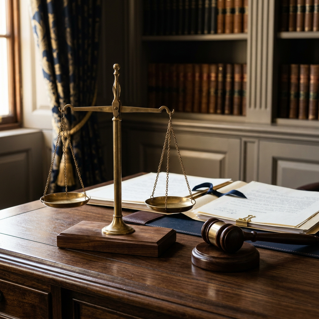 Brass balance scale and wooden gavel beside legal documents on desk