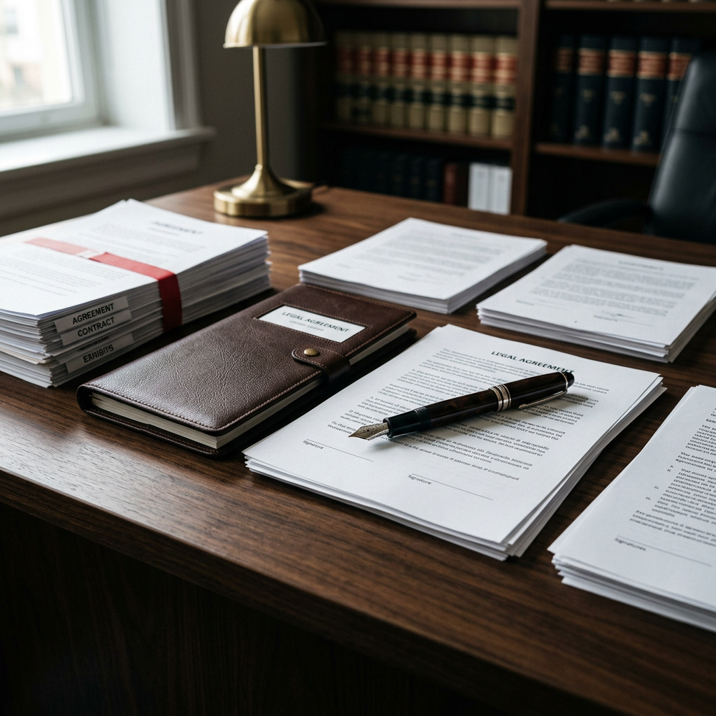 Legal agreement documents, leather folder, and fountain pen on office desk
