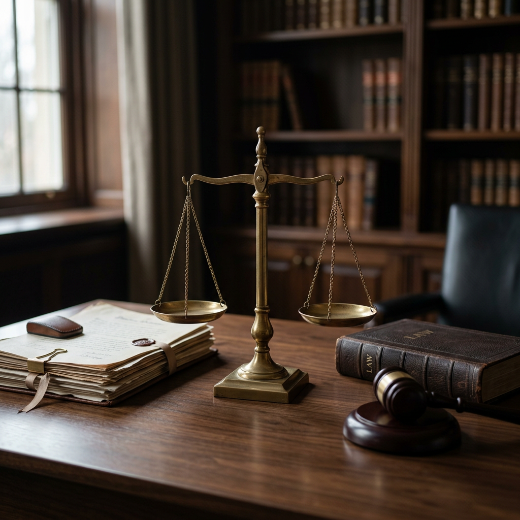 Brass balance scale, law book, gavel, and legal documents on a wooden desk